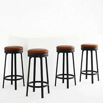 Modern Set of 4 Backless Swivel Counter Stools, PU Leather Round Seat with Metal Footrest for Home