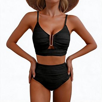 Women's U Metal Trim Bikini Set, Ruched Textured High Waist Two Piece Swim Bathing Suit