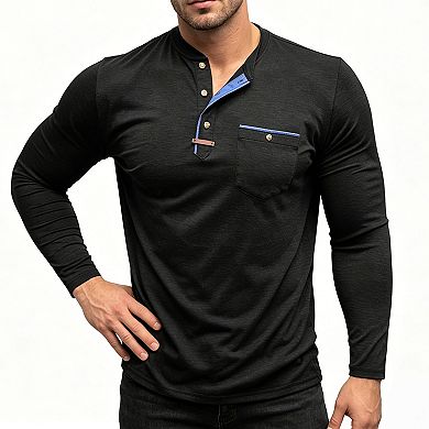 Men's Contrast Placket Henley Shirt, Button Down Chest Pocket Long Sleeve Casual Top