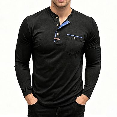Men's Contrast Placket Henley Shirt, Button Down Chest Pocket Long Sleeve Casual Top