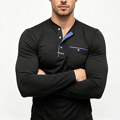 Men's Contrast Placket Henley Shirt, Button Down Chest Pocket Long Sleeve Casual Top