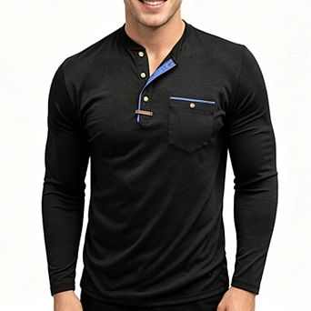 Men's Contrast Placket Henley Shirt, Button Down Chest Pocket Long Sleeve Casual Top