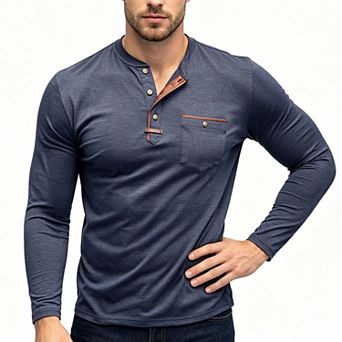 Men's Contrast Placket Henley Shirt, Button Down Chest Pocket Long Sleeve Casual Top
