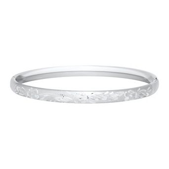 Precious Forever Rhodium Over Sterling Silver Floral Engraved Hinged Bangle Bracelet