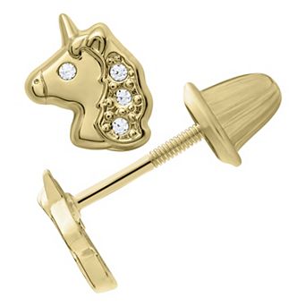 Precious Forever Kids 14k Gold Cubic Zirconia Round Unicorn Stud Earrings