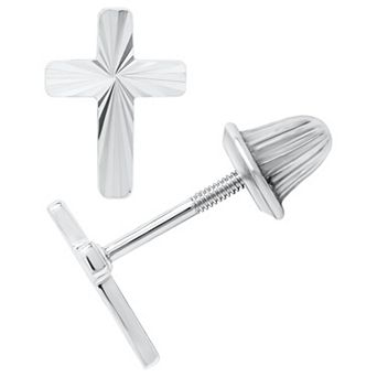 Precious Forever Rhodium Over Sterling Silver Diamond-Cut Cross Stud Earrings