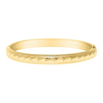 Precious Forever 14k Gold Milgrain Polished Heart Engraved Hinged Bangle Bracelet