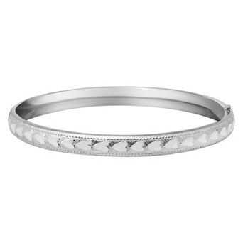 Precious Forever Rhodium Over Sterling Silver Milgrain Polished Heart Engraved Hinged Bangle Bracelet