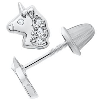 Precious Forever Kids Sterling Silver Round Cubic Zirconia Unicorn Stud Earrings