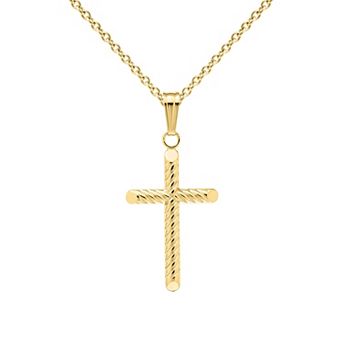 Precious Forever Kids 14k Gold Plated Polished Ribbed Cross Pendant Necklace