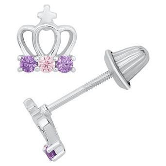 Precious Forever Kids Sterling Silver Round Cubic Zirconia Pave Crown Stud Earrings