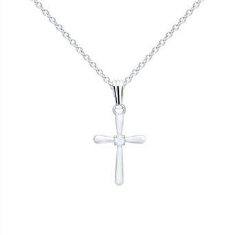 Precious Forever Kids Sterling Silver White Topaz Prong-Set Cross Pendant Necklace