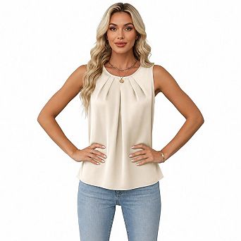 Women's Sleeveless Satin Blouse, Elegant Pleated Crew Neck Keyhole Back Tank Top for Work Casual