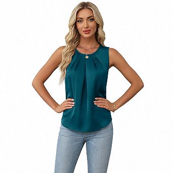 Women's Sleeveless Satin Blouse, Elegant Pleated Crew Neck Keyhole Back Tank Top for Work Casual