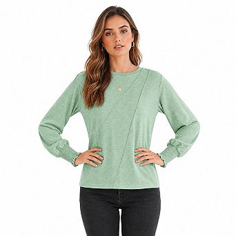 Women's Crew Neck Puff Long Sleeve Top, Front Seam Detail Smocked Cuff Casual Loose Blouse