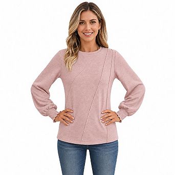 Women's Crew Neck Puff Long Sleeve Top, Front Seam Detail Smocked Cuff Casual Loose Blouse