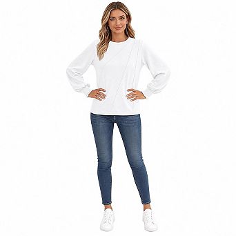 Women's Crew Neck Puff Long Sleeve Top, Front Seam Detail Smocked Cuff Casual Loose Blouse