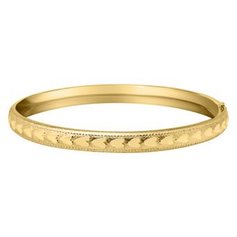 Precious Forever 14k Gold Plated Milgrain Polished Heart Engraved Hinged Bangle Bracelet
