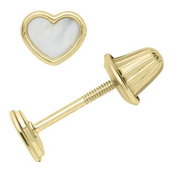 Precious Forever 14k Gold Heart Shaped Mother-of-Pearl Bezel Stud Earrings