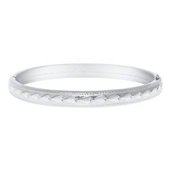 Precious Forever Rhodium Over Sterling Silver Milgrain Polished Heart Engraved Hinged Bangle Bracelet