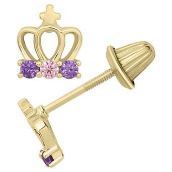 Precious Forever Kids 14k Gold Round Cubic Zirconia Crown Stud Earrings