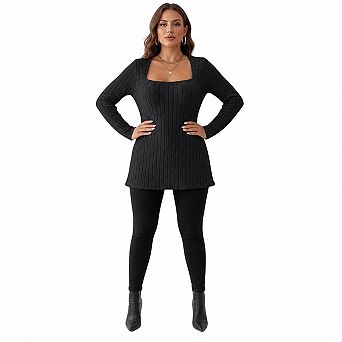 Women's Square Neck Ribbed Long Sleeve Tunic Top, Side Split Pocket Casual Slim Fit Tops