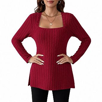 Women's Square Neck Ribbed Long Sleeve Tunic Top, Side Split Pocket Casual Slim Fit Tops
