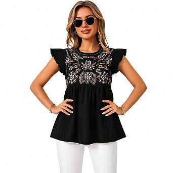 Women's Floral Embroidery Ruffle Cap Sleeve Blouse, Round Neck Babydoll Loose Casual Tunic Tops