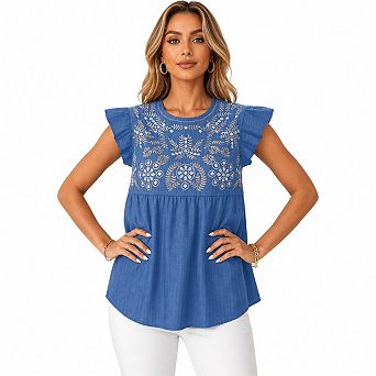 Women's Floral Embroidery Ruffle Cap Sleeve Blouse, Round Neck Babydoll Loose Casual Tunic Tops