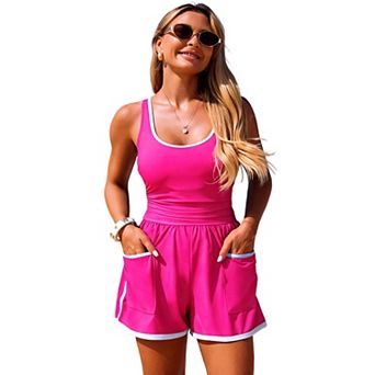 U Neck Sleeveless One Piece Swimsuit Contrast Trim Pocket Shorts Tank Romper