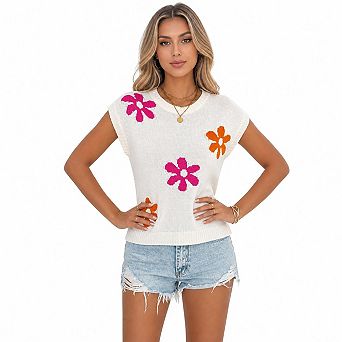 Women's Floral Print Cap Sleeve Knit Top, Crew Neck Loose Fit Casual Summer Sweater Vest Blouse