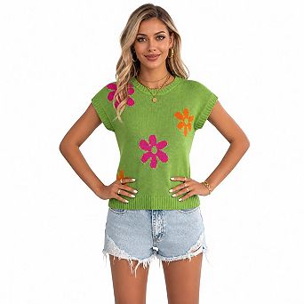 Women's Floral Print Cap Sleeve Knit Top, Crew Neck Loose Fit Casual Summer Sweater Vest Blouse