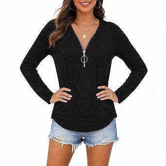 Women Quarter Zip Long Sleeve Tops, Casual Ruched Side Tunic Shirts Crew Neck Raglan Sleeve Blouses