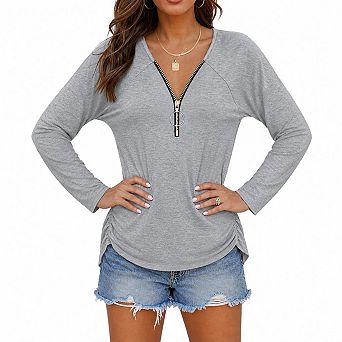 Women Quarter Zip Long Sleeve Tops, Casual Ruched Side Tunic Shirts Crew Neck Raglan Sleeve Blouses