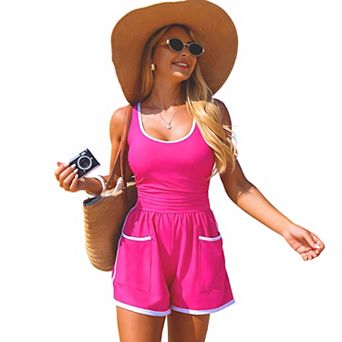 Women's Contrast Trim One Piece Swimsuit, U Neck Sleeveless Pocket Shorts Tank Romper Bathing Suit