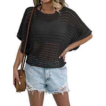 Womens Crochet Cover Up Tops Boat Neck Hollow Out Knit Short Sleeve Top Summer Beach Cover Up