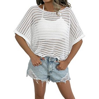 Womens Crochet Cover Up Tops Boat Neck Hollow Out Knit Short Sleeve Top Summer Beach Cover Up