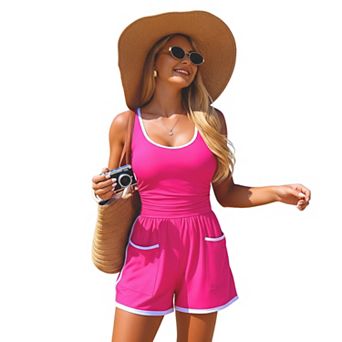 Contrast Trim One Piece Swimsuit U Neck Sleeveless Romper with Pockets and Shorts