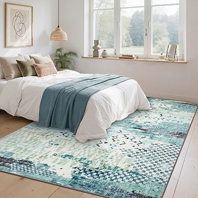 Boho Abstract Machine Washable Area Rugs with Non-Slip Rubber Backing Soft Foldable Living Room Rug