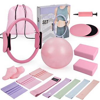 17-in-1 Pilates Kit 9.8 in Ball Resistance Bands Yoga Blocks Ring Gliding Discs Pink Home Workout Set