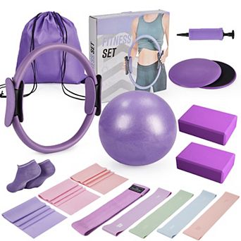 17-in-1 Pilates Kit 9.8 in Ball Resistance Bands Yoga Blocks Ring Gliding Discs Pink Home Workout Set