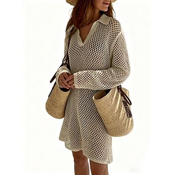 Womens Crochet Hollow Out Knit Long Sleeve Collar Beach Swim Cover Up Summer Casual Tunic Mini Dress