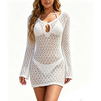 Womens Hollow Out Crochet Knit Keyhole Neck Long Sleeve Summer Casual Beach Swim Cover Up Mini Dress