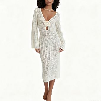 Women's Crochet Hollow Out Knit Long Sleeve Backless Floral Detail Maxi Swim Beach Cover Up Dress