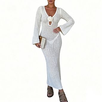 Women's Crochet Hollow Out Knit Long Sleeve Backless Floral Detail Maxi Swim Beach Cover Up Dress