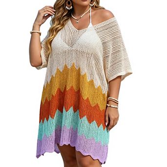 Women's Plus Size Colorful Chevron Crochet Knit V Neck Short Sleeve Summer Swim Beach Cover Up Dress