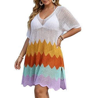 Women's Plus Size Colorful Chevron Crochet Knit V Neck Short Sleeve Summer Swim Beach Cover Up Dress