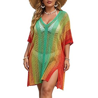 Women's Plus Size Gradient Hollow Out Crochet V Neck Short Sleeve Summer Swim Beach Cover Up Dress