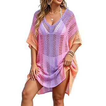 Women's Plus Size Gradient Hollow Out Crochet V Neck Short Sleeve Summer Swim Beach Cover Up Dress