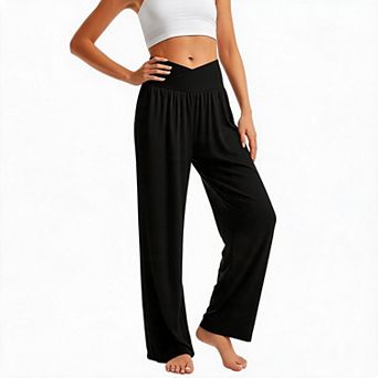 Women's Cross Waist High Waist Wide Leg Yoga Pants Loose Flowy Casual Loungewear Pants with Pockets